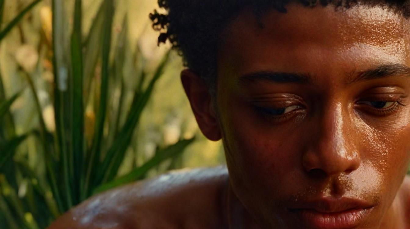 a close up of a person with a plant in the background