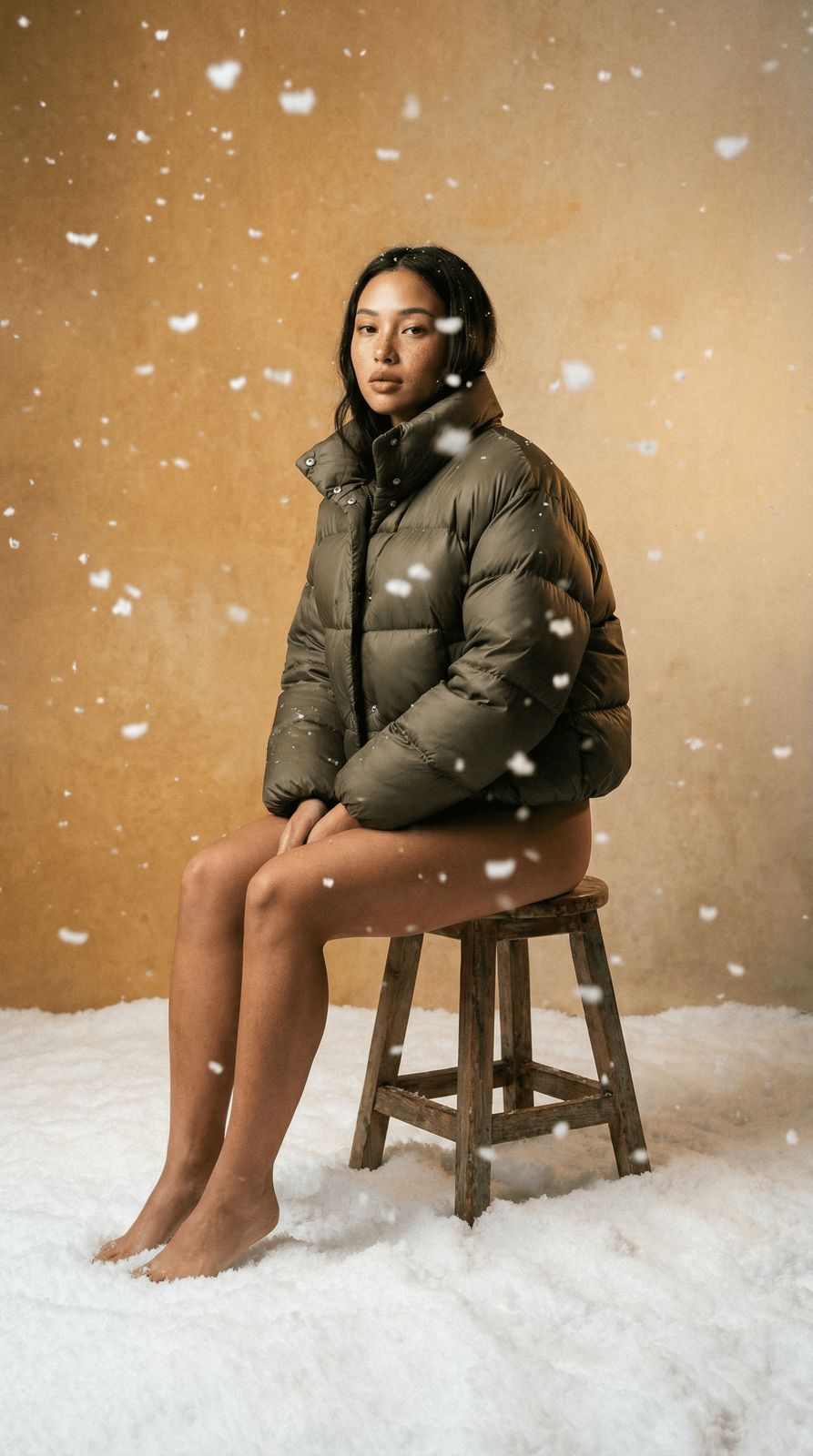 a woman sitting on a stool in the snow