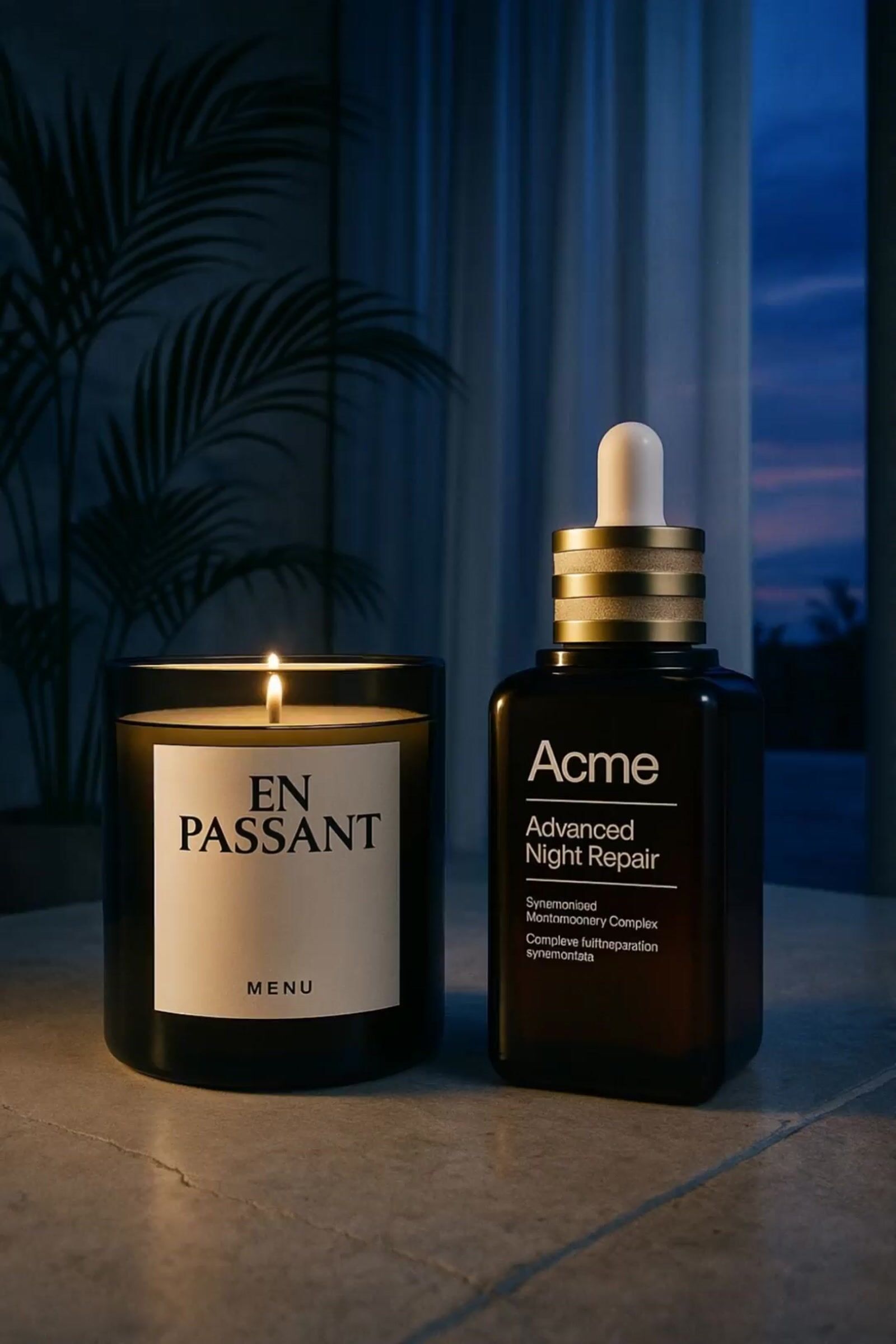 a candle and a bottle of perfume sitting on a table