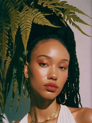 a woman wearing large hoop earrings and a white top