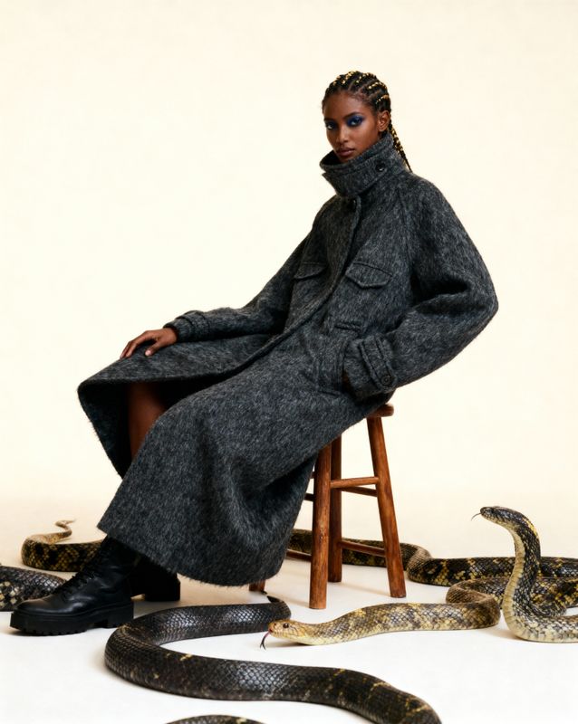 a woman sitting in a chair with snakes around her