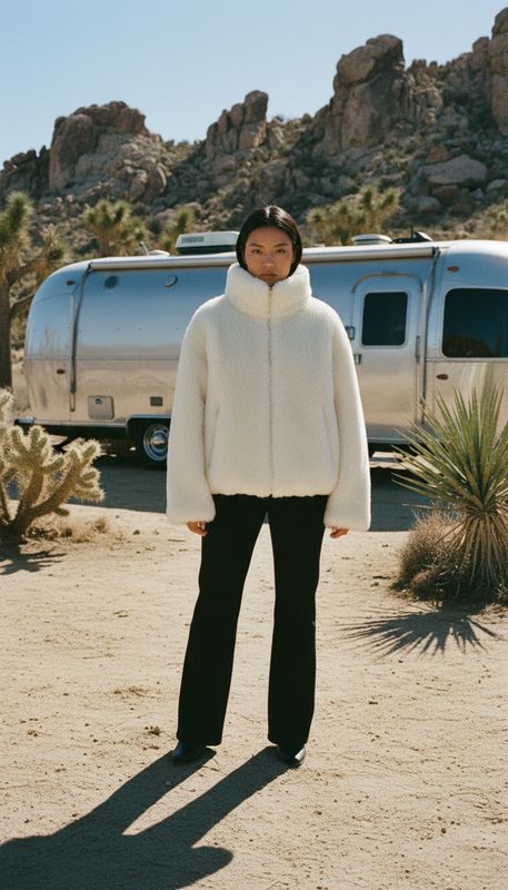 a woman standing in front of a camper in the desert
