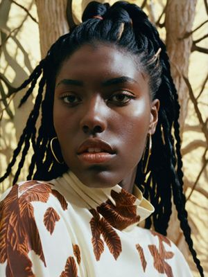 a woman with dreadlocks standing in front of a tree