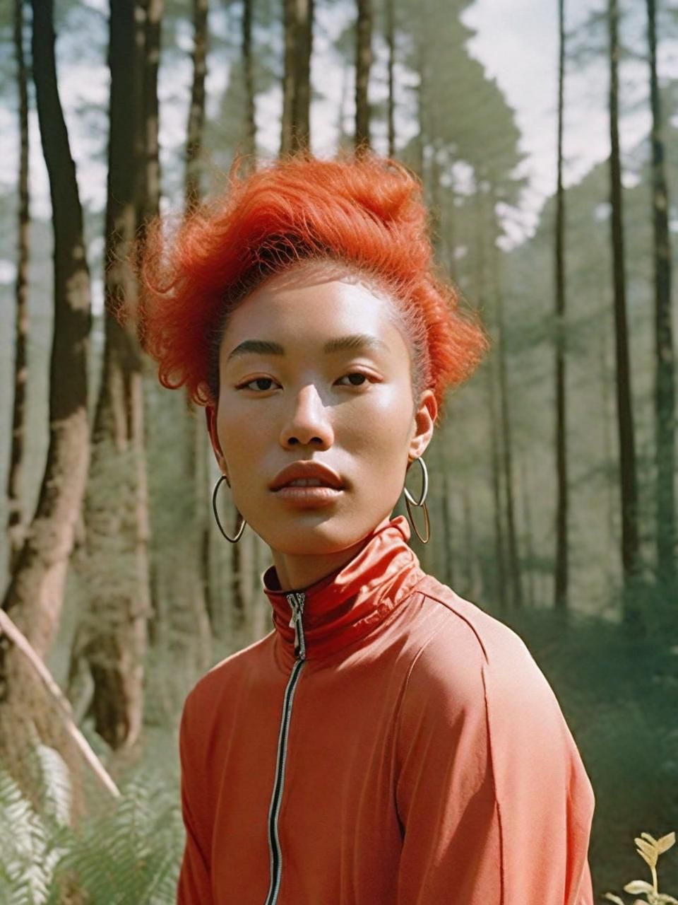 a woman with red hair standing in a forest