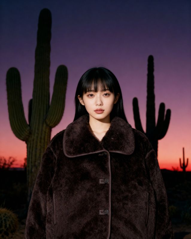 a woman standing in front of a cactus
