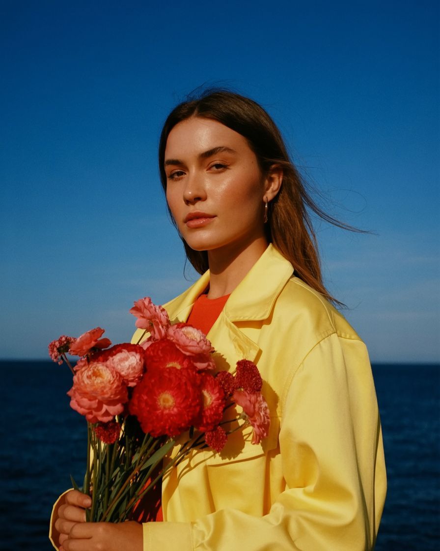a woman in a yellow shirt holding a bouquet of flowers