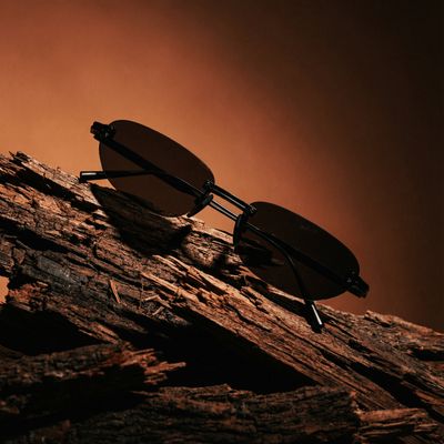 a pair of sunglasses resting on a piece of wood