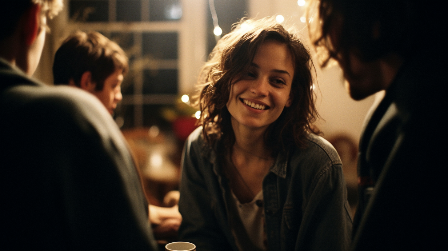 a smiling woman sitting at a table with other people