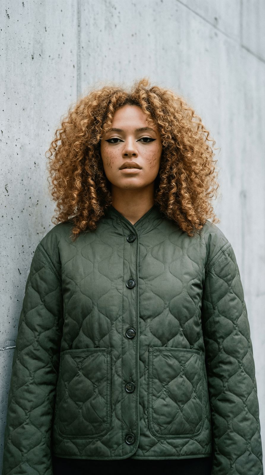 a woman with curly hair wearing a green jacket