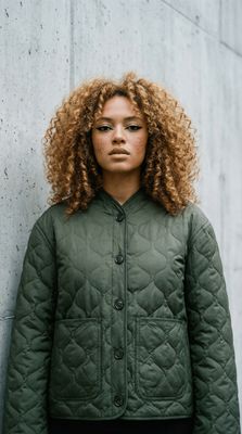 a woman with curly hair wearing a green jacket