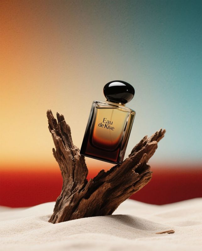 a bottle of perfume sitting on top of a tree branch