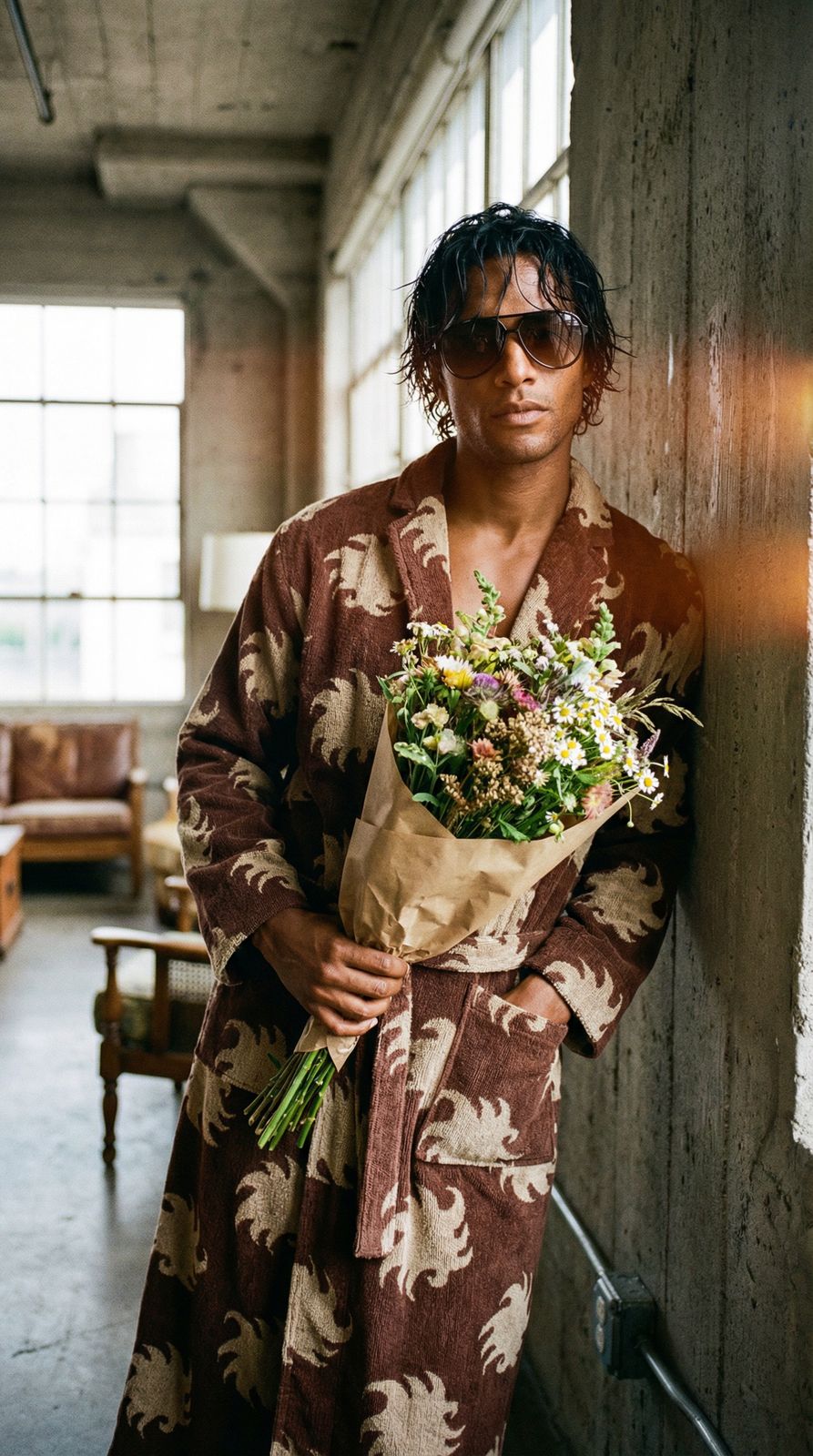 a man in a robe holding a bouquet of flowers