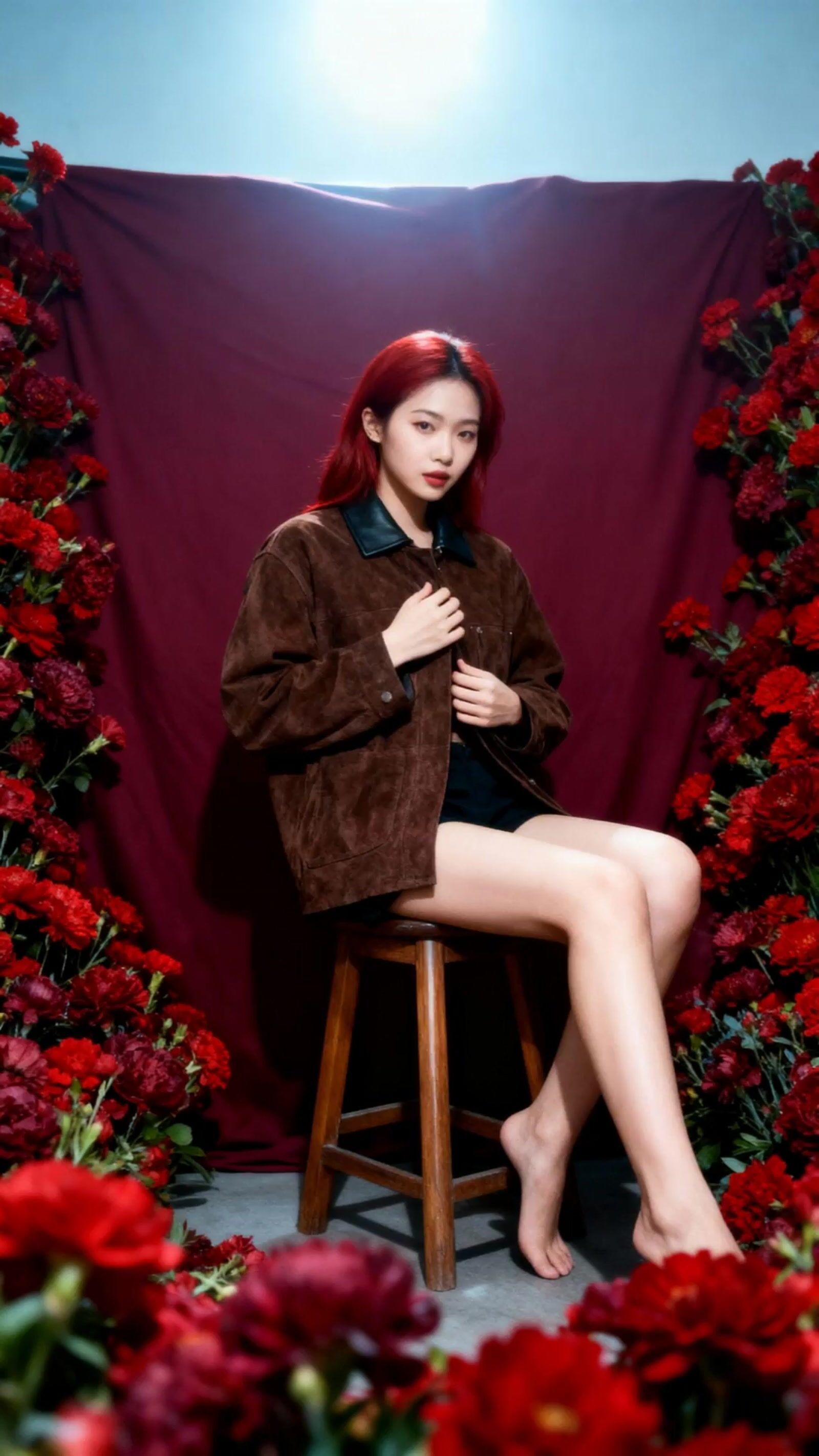 a woman sitting on a stool in front of flowers