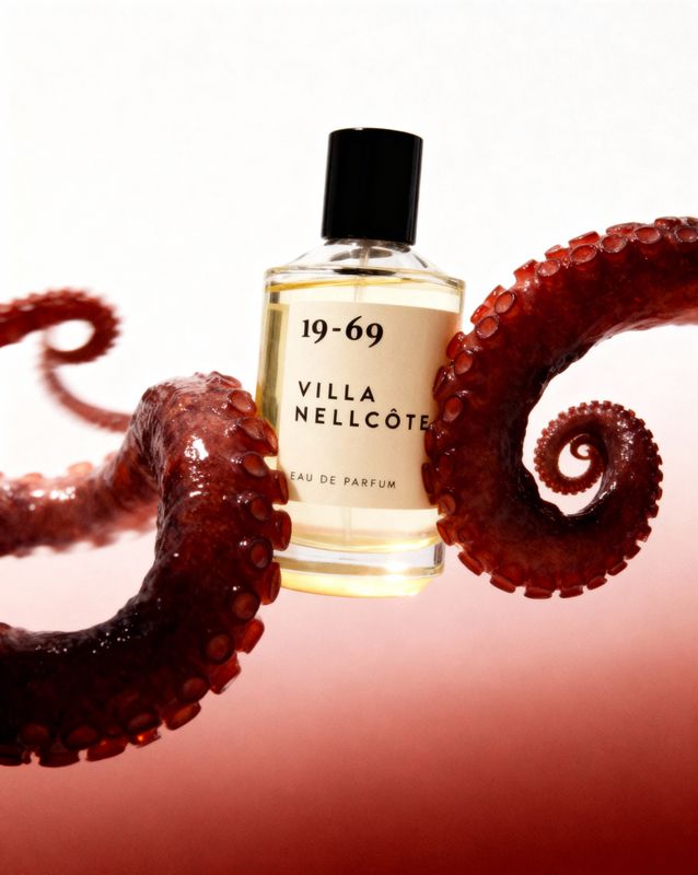 a bottle of perfume sitting on top of an octopus
