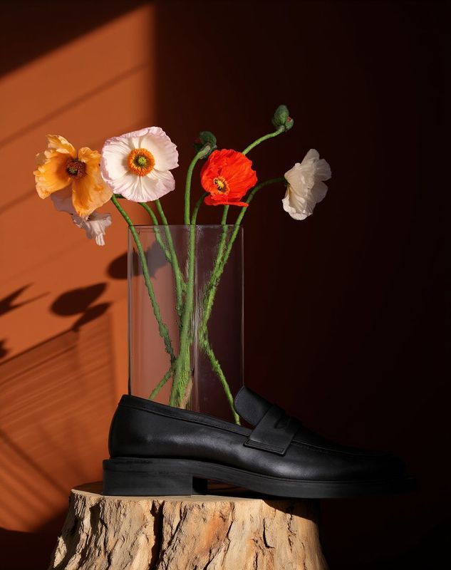 a pair of black shoes sitting on top of a tree stump
