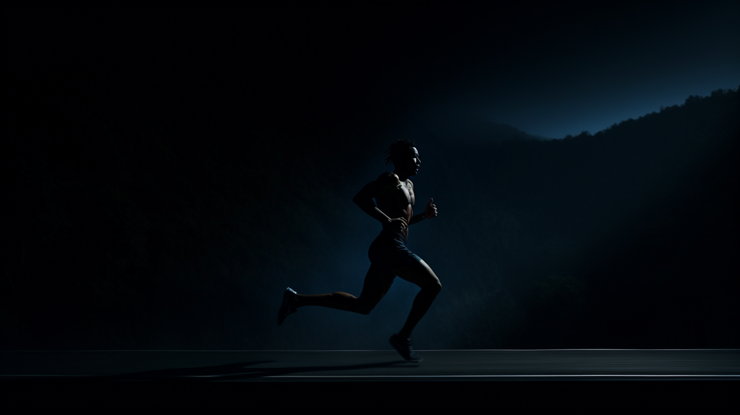 a man running in the dark with a mountain in the background