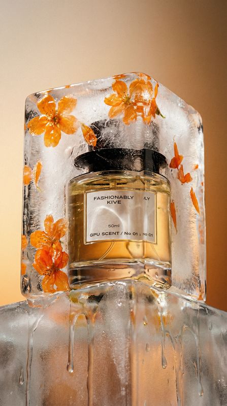 a bottle of perfume sitting on top of ice