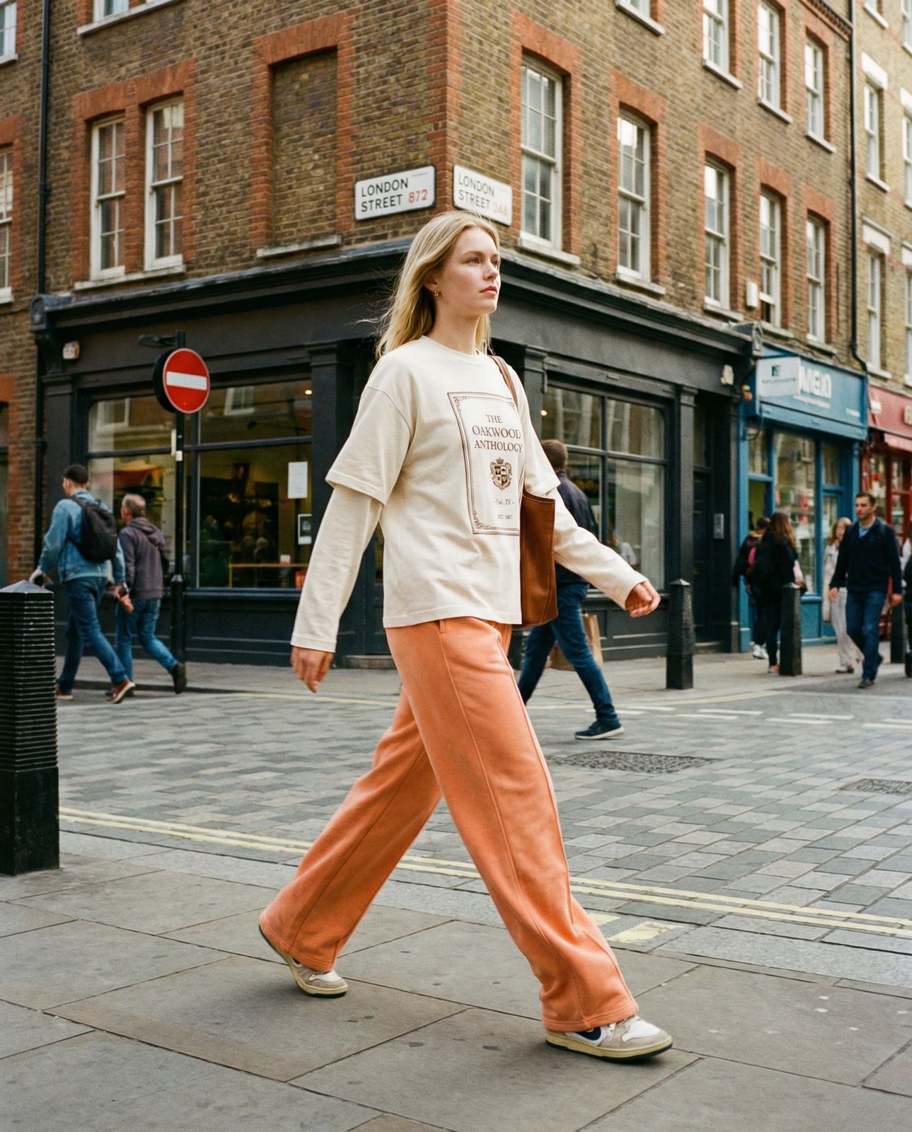 a woman walking down the street in an orange pants