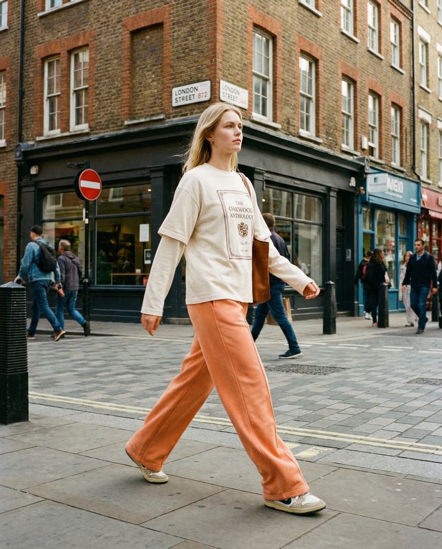 a woman walking down the street in an orange pants