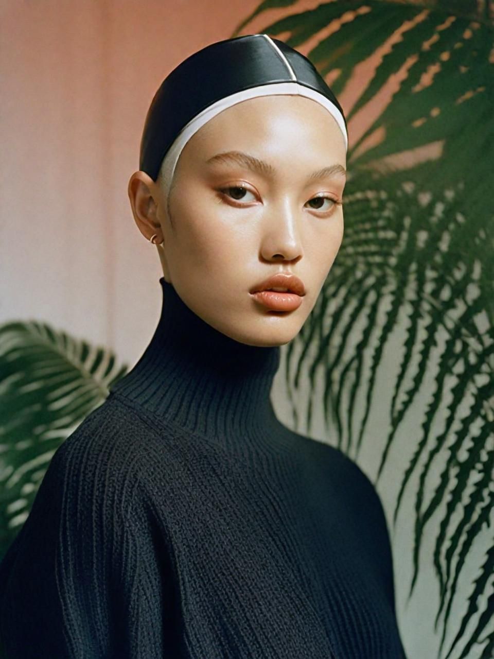 a woman in a black sweater and a white headband