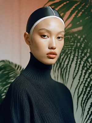 a woman in a black sweater and a white headband