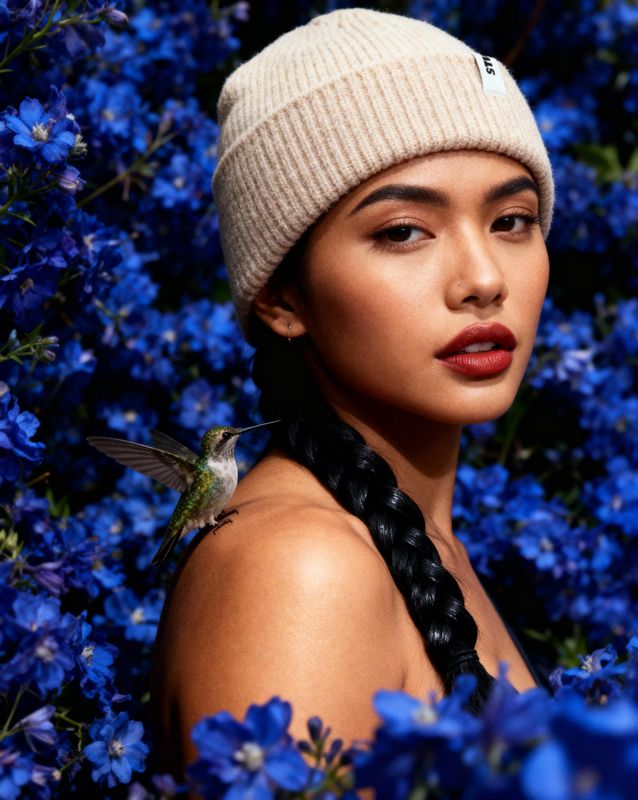 a woman wearing a hat and braids standing in a field of blue flowers