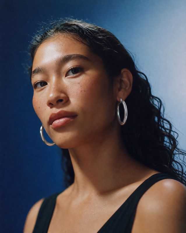 a close up of a person wearing large hoop earrings