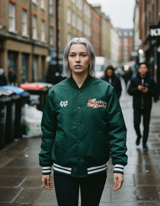 a woman with grey hair wearing a green jacket