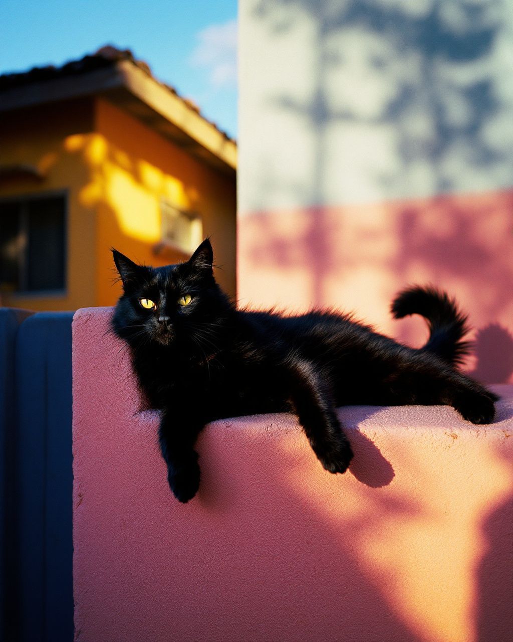 a black cat laying on top of a pink wall