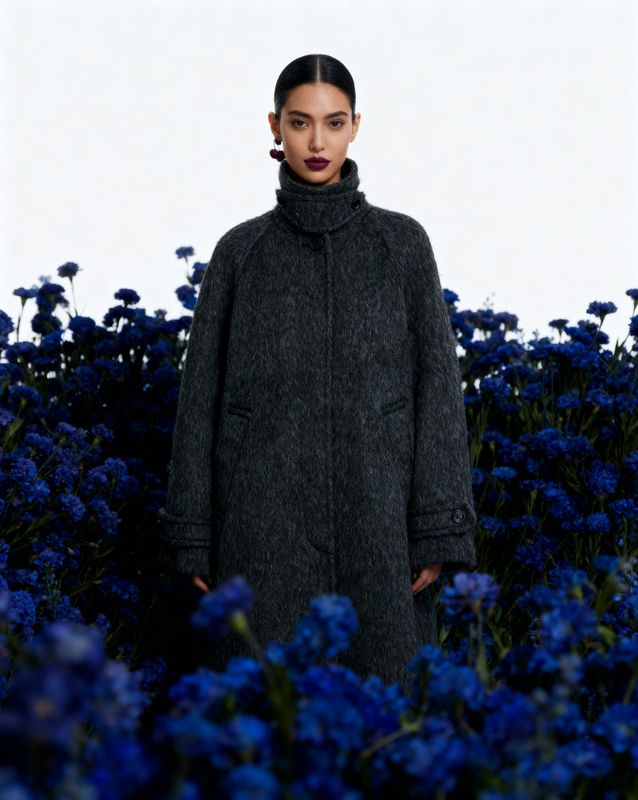 a woman standing in a field of blue flowers