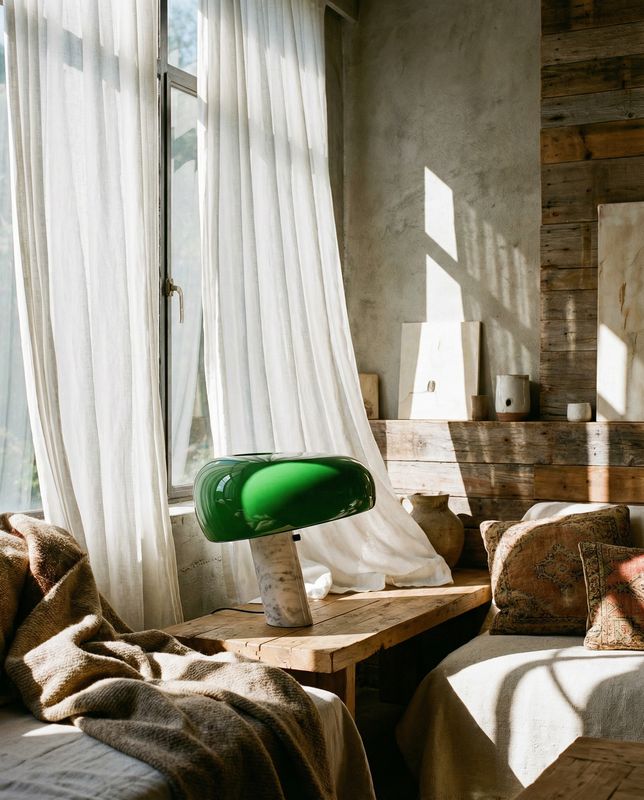 a green lamp sitting on top of a wooden table