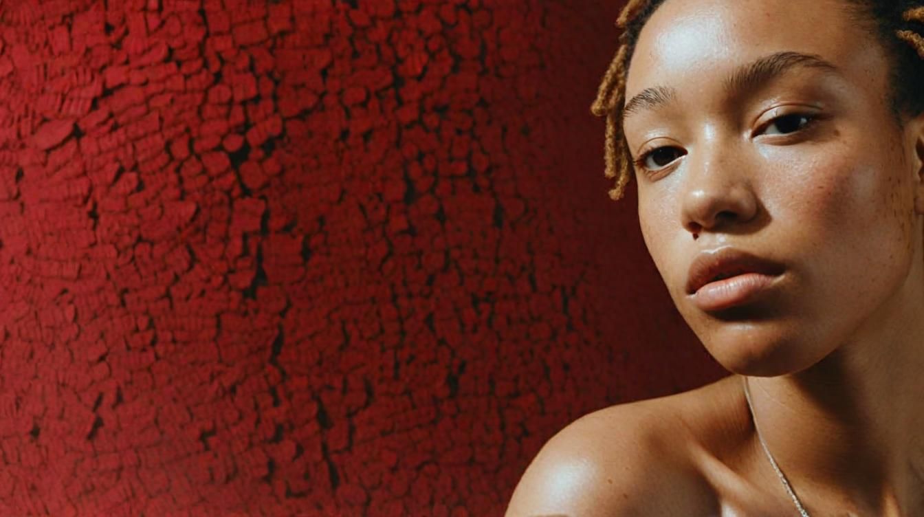 a woman with dreadlocks standing in front of a red wall