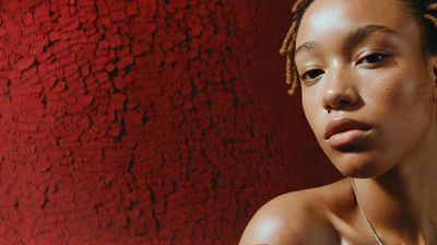 a woman with dreadlocks standing in front of a red wall