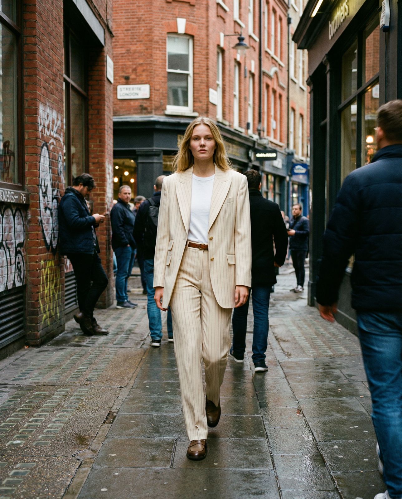 a woman walking down a street in a suit