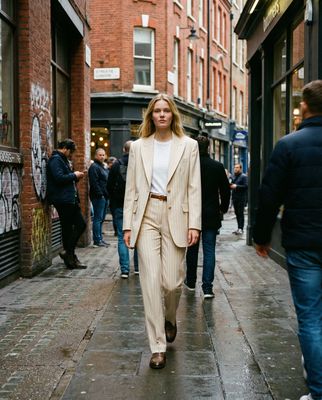 a woman walking down a street in a suit