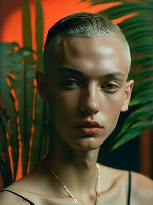 a woman with a shaved head wearing a necklace