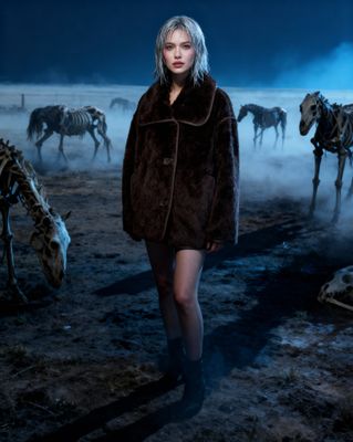 a woman standing in front of a herd of horses
