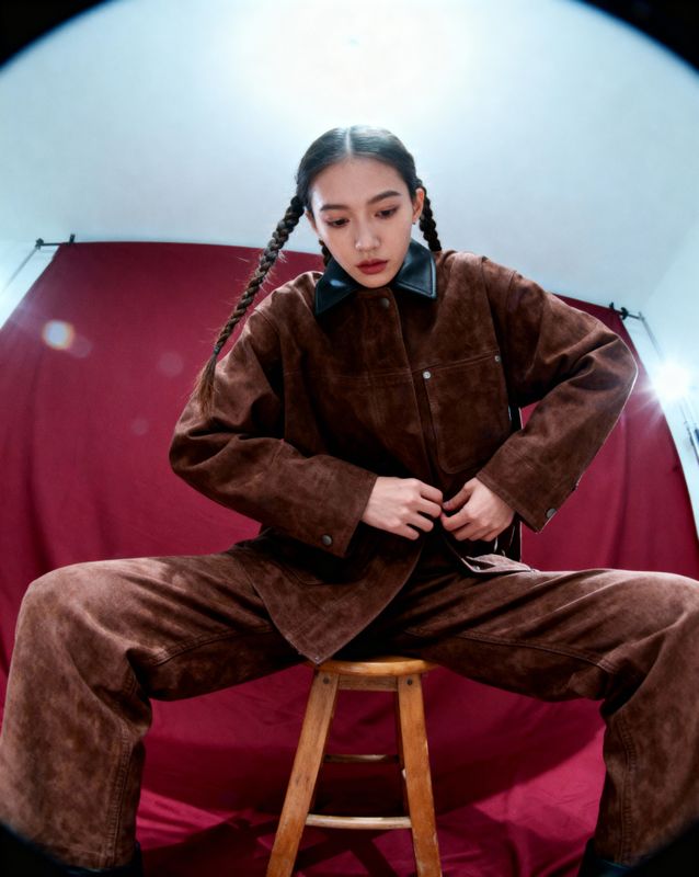 a woman sitting on top of a stool