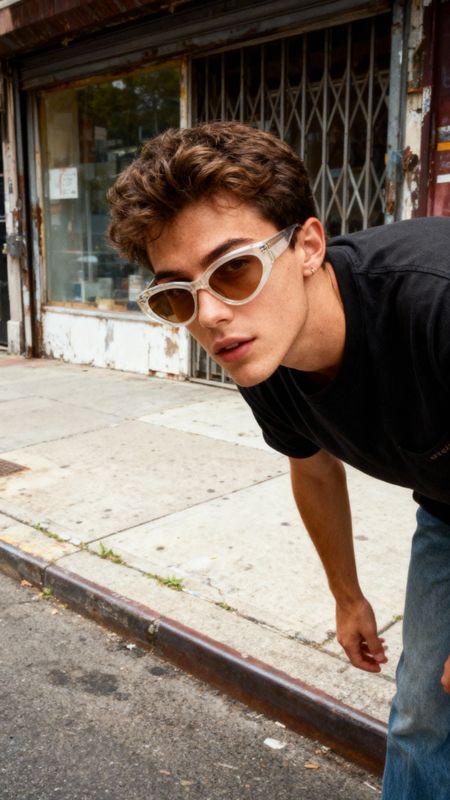 a young man in sunglasses leaning on a skateboard