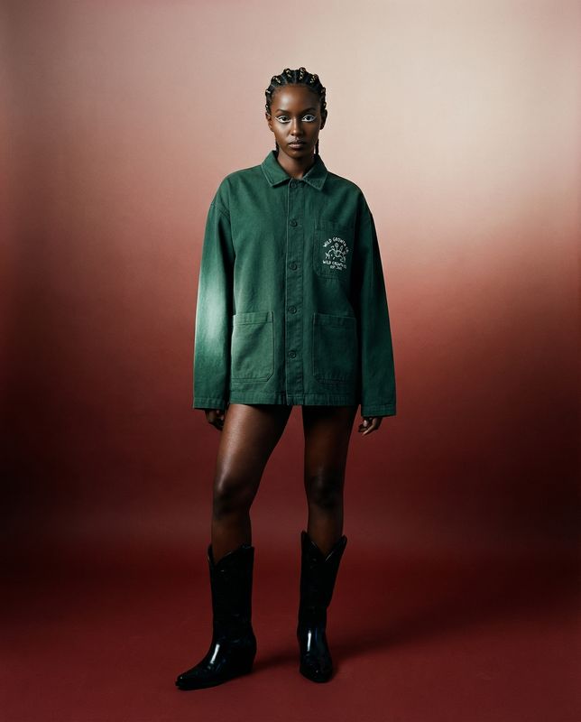 a woman in a green shirt and black boots