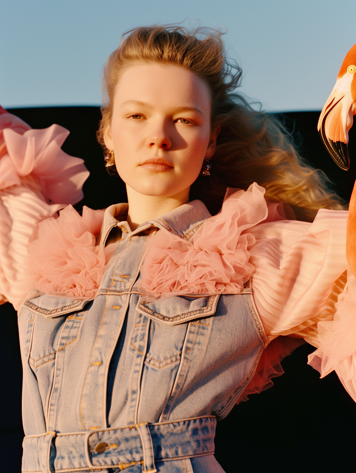 a woman in a denim dress with pink ruffles