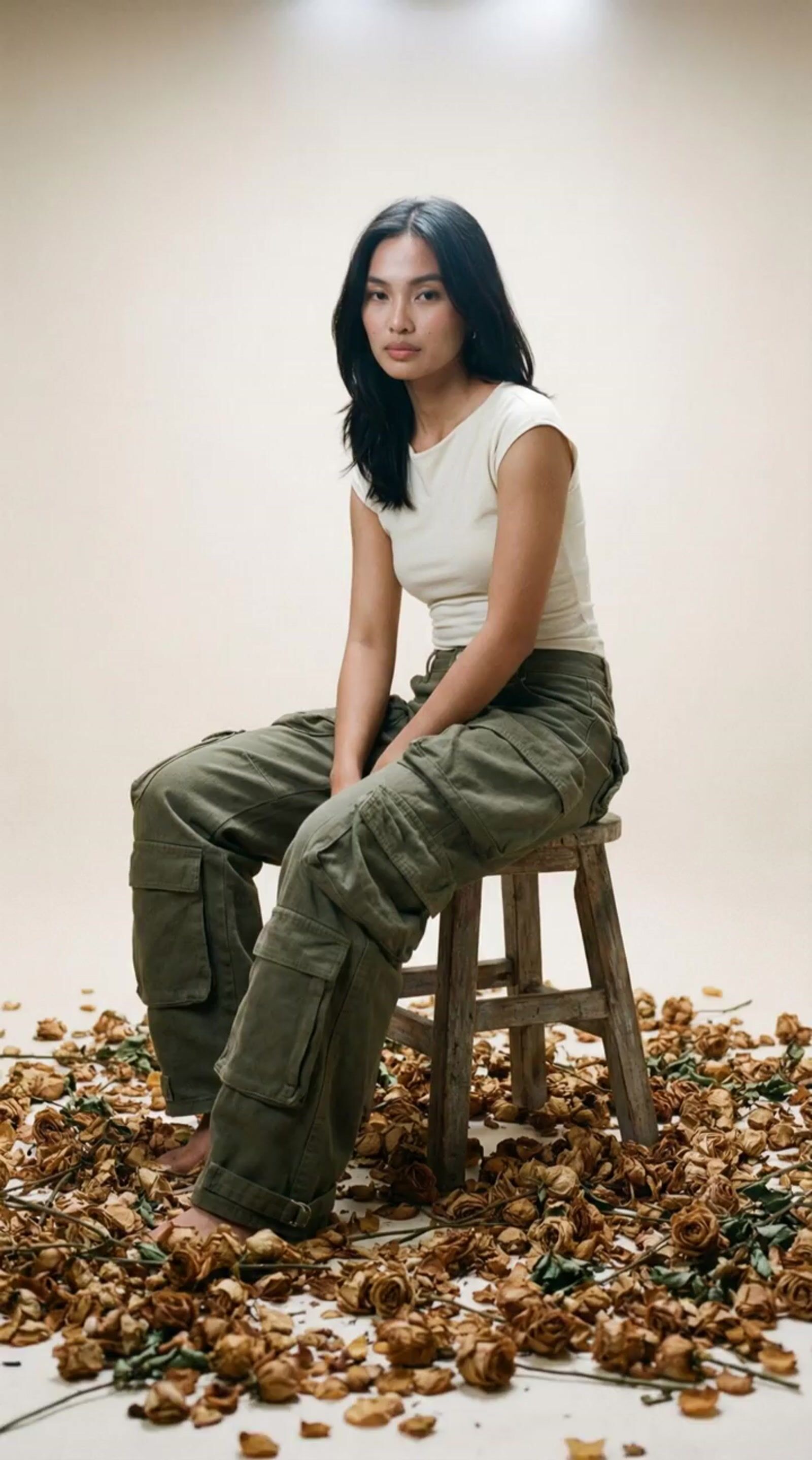 a woman sitting on a stool surrounded by leaves