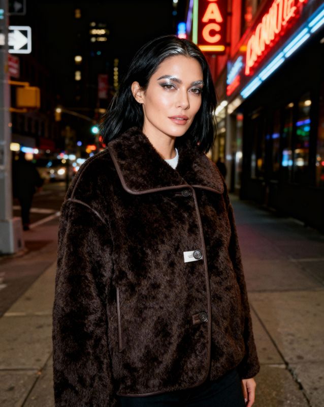 a woman standing on a sidewalk at night