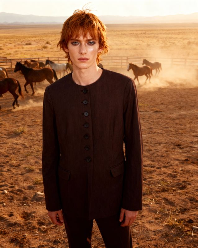 a man standing in front of a herd of horses