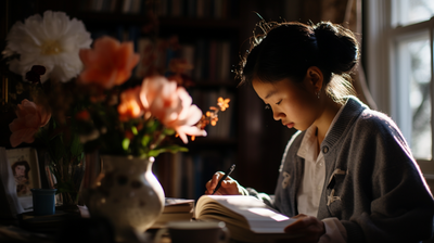 a woman sitting at a desk writing in a book