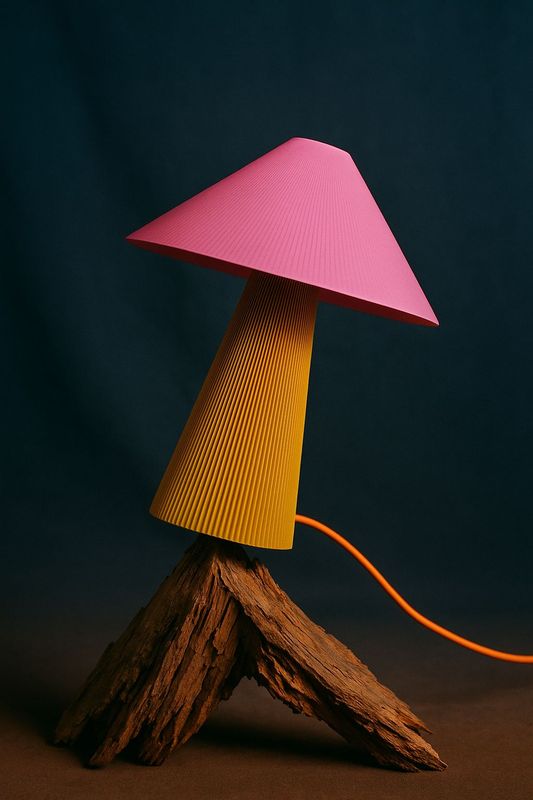 a pink and yellow lamp sitting on top of a piece of wood