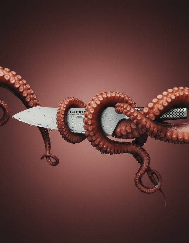 an octopus is holding a knife in its tentacles