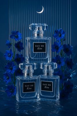 three bottles of perfume sitting next to blue flowers