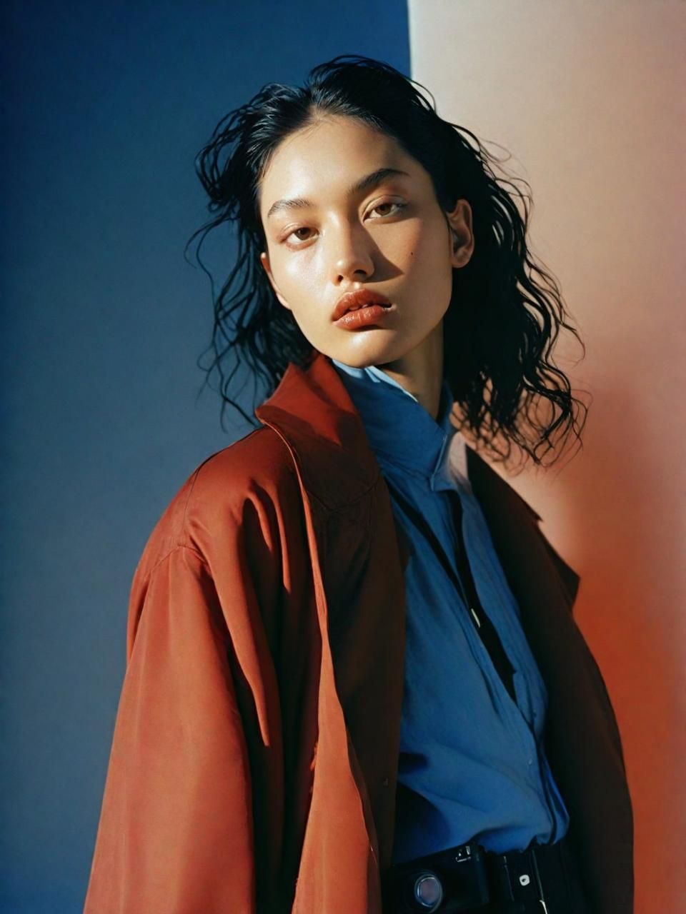 a woman in a blue shirt and brown jacket