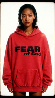 a woman wearing a red hoodie that says fear of god